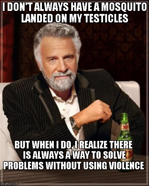 The Most Interesting Man In The World | I DON'T ALWAYS HAVE A MOSQUITO LANDED ON MY TESTICLES BUT WHEN I DO, I REALIZE THERE IS ALWAYS A WAY TO SOLVE PROBLEMS WITHOUT USING VIOLENC | image tagged in memes,the most interesting man in the world | made w/ Imgflip meme maker