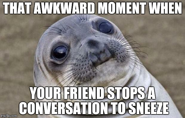 Awkward Moment Sealion Meme | THAT AWKWARD MOMENT WHEN YOUR FRIEND STOPS A CONVERSATION TO SNEEZE | image tagged in memes,awkward moment sealion | made w/ Imgflip meme maker