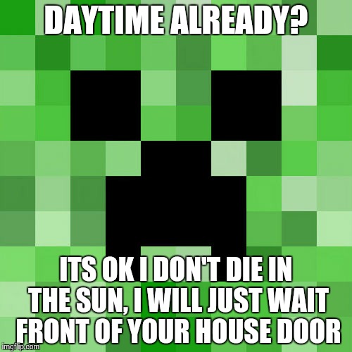 Scumbag Minecraft | DAYTIME ALREADY? ITS OK I DON'T DIE IN THE SUN, I WILL JUST WAIT FRONT OF YOUR HOUSE DOOR | image tagged in memes,scumbag minecraft | made w/ Imgflip meme maker