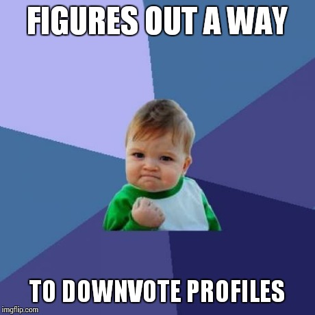 Success Kid Meme | FIGURES OUT A WAY TO DOWNVOTE PROFILES | image tagged in memes,success kid | made w/ Imgflip meme maker