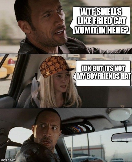 The Rock Driving | WTF SMELLS LIKE FRIED CAT VOMIT IN HERE? IDK BUT ITS NOT MY BOYFRIENDS HAT | image tagged in memes,the rock driving,scumbag | made w/ Imgflip meme maker
