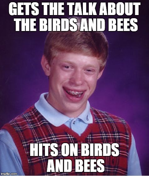 Bad Luck Brian | GETS THE TALK ABOUT THE BIRDS AND BEES HITS ON BIRDS AND BEES | image tagged in memes,bad luck brian | made w/ Imgflip meme maker