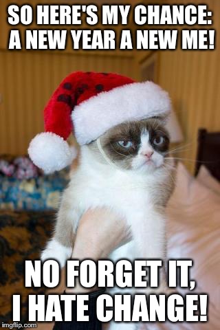 Grumpy Cat Christmas Meme | SO HERE'S MY CHANCE: A NEW YEAR A NEW ME! NO FORGET IT, I HATE CHANGE! | image tagged in memes,grumpy cat christmas,grumpy cat | made w/ Imgflip meme maker
