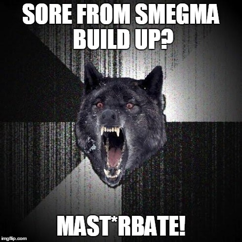 Insanity Wolf | SORE FROM SMEGMA BUILD UP? MAST*RBATE! | image tagged in memes,insanity wolf | made w/ Imgflip meme maker