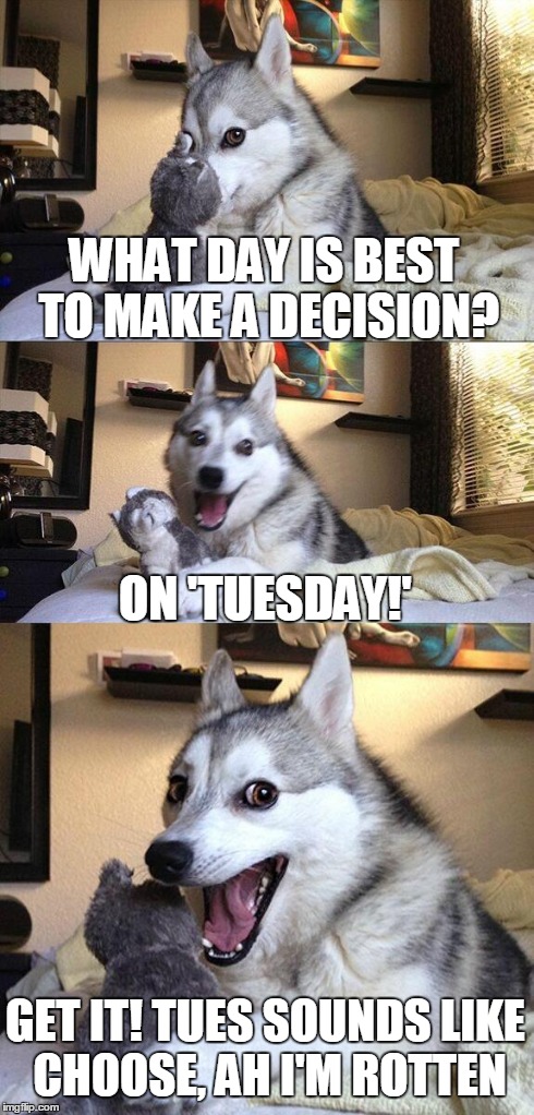 Bad Pun Dog | WHAT DAY IS BEST TO MAKE A DECISION? ON 'TUESDAY!' GET IT! TUES SOUNDS LIKE CHOOSE, AH I'M ROTTEN | image tagged in memes,bad pun dog | made w/ Imgflip meme maker