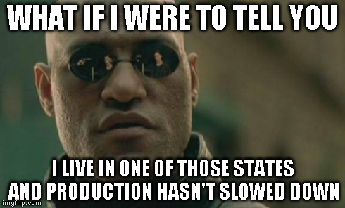 Matrix Morpheus Meme | WHAT IF I WERE TO TELL YOU I LIVE IN ONE OF THOSE STATES AND PRODUCTION HASN'T SLOWED DOWN | image tagged in memes,matrix morpheus | made w/ Imgflip meme maker