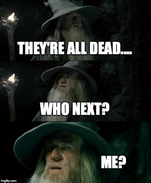 Confused Gandalf | THEY'RE ALL DEAD.... WHO NEXT? ME? | image tagged in memes,confused gandalf | made w/ Imgflip meme maker