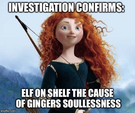 Merida Brave | INVESTIGATION CONFIRMS: ELF ON SHELF THE CAUSE OF GINGERS SOULLESSNESS | image tagged in memes,merida brave | made w/ Imgflip meme maker