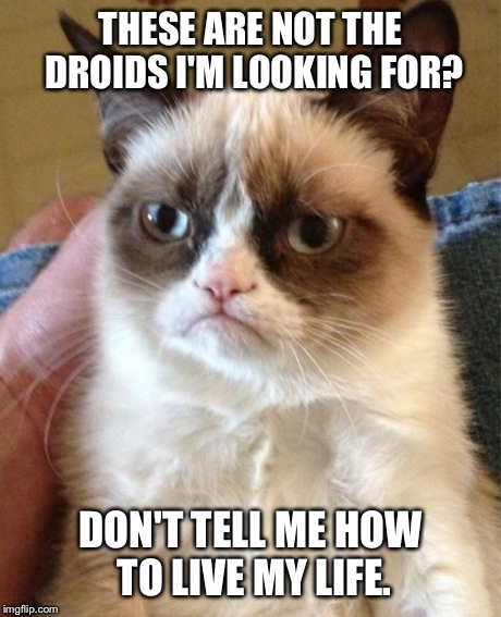 Grumpy cat doesn't care for your Star Wars quotes. | THESE ARE NOT THE DROIDS I'M LOOKING FOR? DON'T TELL ME HOW TO LIVE MY LIFE. | image tagged in memes,grumpy cat,star wars | made w/ Imgflip meme maker