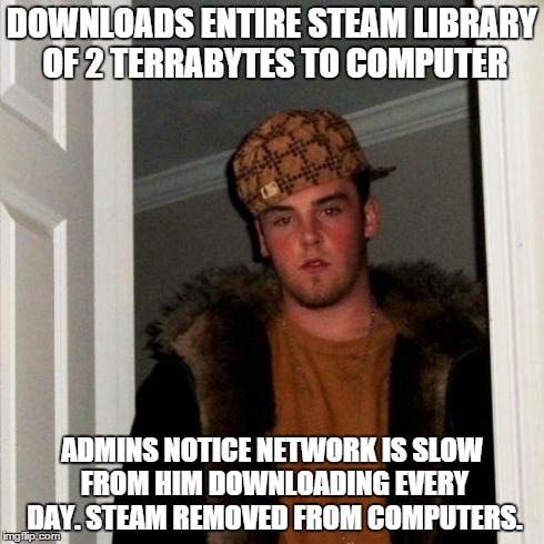 Scumbag Steve Meme | DOWNLOADS ENTIRE STEAM LIBRARY OF 2 TERRABYTES TO COMPUTER ADMINS NOTICE NETWORK IS SLOW FROM HIM DOWNLOADING EVERY DAY. STEAM REMOVED FROM  | image tagged in memes,scumbag steve | made w/ Imgflip meme maker