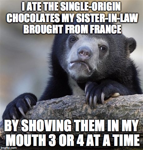 Confession Bear Meme | I ATE THE SINGLE-ORIGIN CHOCOLATES MY SISTER-IN-LAW BROUGHT FROM FRANCE BY SHOVING THEM IN MY MOUTH 3 OR 4 AT A TIME | image tagged in memes,confession bear,ConfessionBear | made w/ Imgflip meme maker