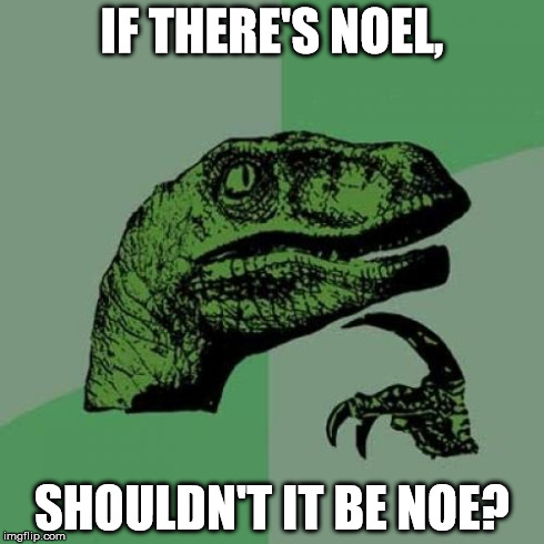 Philosoraptor | IF THERE'S NOEL, SHOULDN'T IT BE NOE? | image tagged in memes,philosoraptor | made w/ Imgflip meme maker