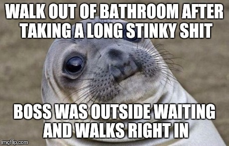 Awkward Moment Sealion | WALK OUT OF BATHROOM AFTER TAKING A LONG STINKY SHIT BOSS WAS OUTSIDE WAITING AND WALKS RIGHT IN | image tagged in memes,awkward moment sealion,AdviceAnimals | made w/ Imgflip meme maker