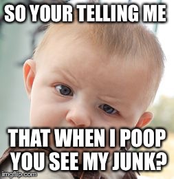 Skeptical Baby | SO YOUR TELLING ME THAT WHEN I POOP YOU SEE MY JUNK? | image tagged in memes,skeptical baby | made w/ Imgflip meme maker