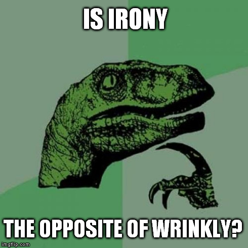 Philosoraptor | IS IRONY THE OPPOSITE OF WRINKLY? | image tagged in memes,philosoraptor | made w/ Imgflip meme maker