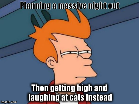 Futurama Fry | Planning a massive night out Then getting high and laughing at cats instead | image tagged in memes,futurama fry | made w/ Imgflip meme maker
