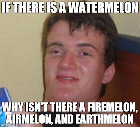 10 Guy Meme | IF THERE IS A WATERMELON WHY ISN'T THERE A FIREMELON, AIRMELON, AND EARTHMELON | image tagged in memes,10 guy | made w/ Imgflip meme maker