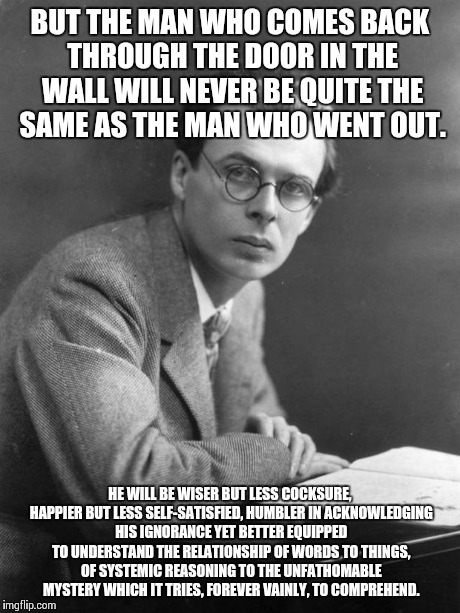 the Doors of Perception | BUT THE MAN WHO COMES BACK THROUGH THE DOOR IN THE WALL WILL NEVER BE QUITE THE SAME AS THE MAN WHO WENT OUT. HE WILL BE WISER BUT LESS COCK | image tagged in huxley,think,psych | made w/ Imgflip meme maker