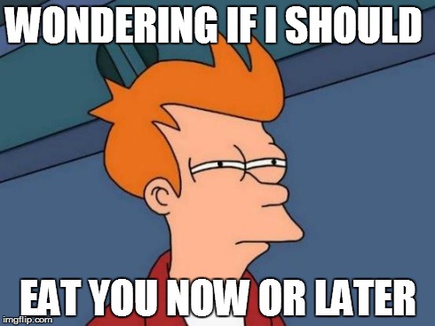 Futurama Fry | WONDERING IF I SHOULD EAT YOU NOW OR LATER | image tagged in memes,futurama fry | made w/ Imgflip meme maker