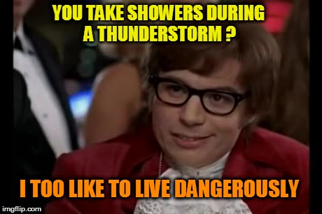 I Too Like To Live Dangerously Meme | YOU TAKE SHOWERS DURING A THUNDERSTORM ? I TOO LIKE TO LIVE DANGEROUSLY | image tagged in memes,i too like to live dangerously | made w/ Imgflip meme maker