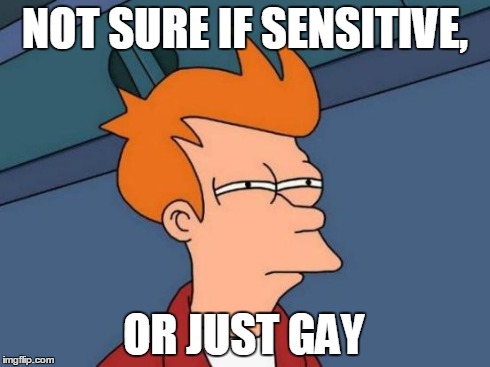 Futurama Fry | NOT SURE IF SENSITIVE, OR JUST GAY | image tagged in memes,futurama fry | made w/ Imgflip meme maker