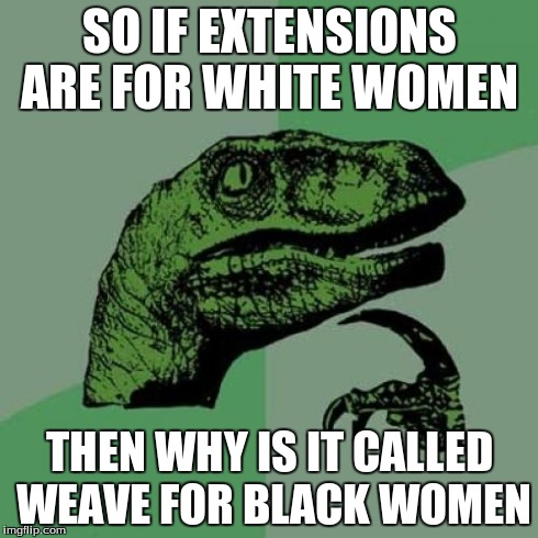 Philosoraptor | SO IF EXTENSIONS ARE FOR WHITE WOMEN THEN WHY IS IT CALLED WEAVE FOR BLACK WOMEN | image tagged in memes,philosoraptor | made w/ Imgflip meme maker