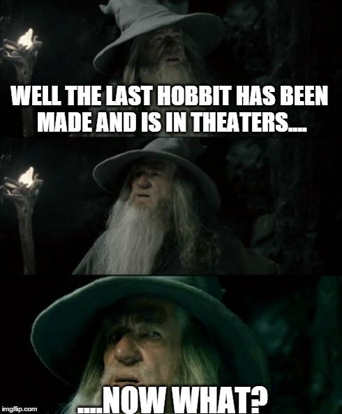 Confused Gandalf | WELL THE LAST HOBBIT HAS BEEN MADE AND IS IN THEATERS.... ....NOW WHAT? | image tagged in memes,confused gandalf | made w/ Imgflip meme maker