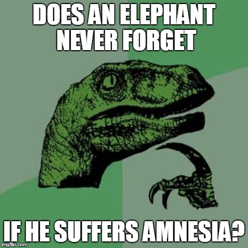 Philosoraptor | DOES AN ELEPHANT NEVER FORGET IF HE SUFFERS AMNESIA? | image tagged in memes,philosoraptor | made w/ Imgflip meme maker
