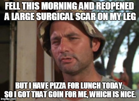 So I Got That Goin For Me Which Is Nice | FELL THIS MORNING AND REOPENED A LARGE SURGICAL SCAR ON MY LEG BUT I HAVE PIZZA FOR LUNCH TODAY. SO I GOT THAT GOIN FOR ME, WHICH IS NICE. | image tagged in memes,so i got that goin for me which is nice,AdviceAnimals | made w/ Imgflip meme maker