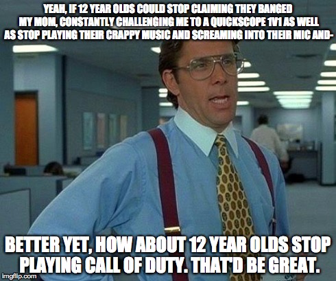 Call of 12 Year Olds | YEAH, IF 12 YEAR OLDS COULD STOP CLAIMING THEY BANGED MY MOM, CONSTANTLY CHALLENGING ME TO A QUICKSCOPE 1V1 AS WELL AS STOP PLAYING THEIR CR | image tagged in memes,that would be great,call of duty,annoying | made w/ Imgflip meme maker