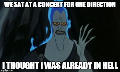 Hercules Hades Meme | WE SAT AT A CONCERT FOR ONE DIRECTION I THOUGHT I WAS ALREADY IN HELL | image tagged in memes,hercules hades | made w/ Imgflip meme maker