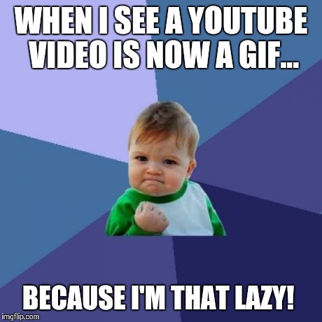 Success Kid | WHEN I SEE A YOUTUBE VIDEO IS NOW A GIF... BECAUSE I'M THAT LAZY! | image tagged in memes,success kid | made w/ Imgflip meme maker