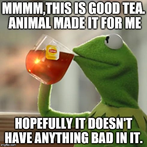 Good tea hopefully no bad in it | MMMM,THIS IS GOOD TEA. ANIMAL MADE IT FOR ME HOPEFULLY IT DOESN'T HAVE ANYTHING BAD IN IT. | image tagged in kermit the frog,good tea,hope no bad stuff | made w/ Imgflip meme maker