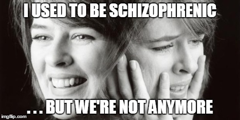 We're not anymore | I USED TO BE SCHIZOPHRENIC . . . BUT WE'RE NOT ANYMORE | image tagged in schizo,crazy,psycho,funny,meme | made w/ Imgflip meme maker