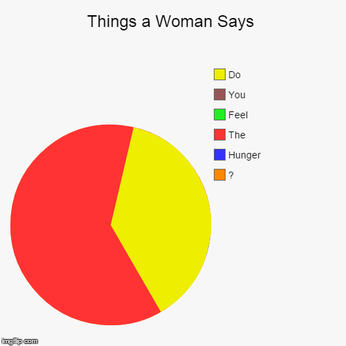 Things a Woman Says | ?, Hunger, The , Feel, You, Do | image tagged in funny,pie charts | made w/ Imgflip chart maker