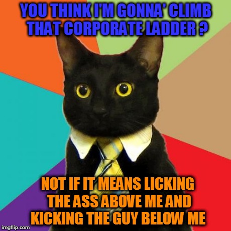 Business Cat Meme | YOU THINK I'M GONNA' CLIMB THAT CORPORATE LADDER ? NOT IF IT MEANS LICKING THE ASS ABOVE ME AND KICKING THE GUY BELOW ME | image tagged in memes,business cat | made w/ Imgflip meme maker