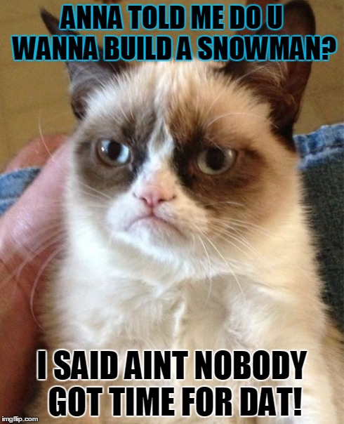 Grumpy Cat | ANNA TOLD ME DO U WANNA BUILD A SNOWMAN? I SAID AINT NOBODY GOT TIME FOR DAT! | image tagged in memes,grumpy cat | made w/ Imgflip meme maker