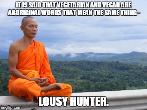 Word meanings | IT IS SAID THAT VEGETARIAN AND VEGAN ARE ABORIGINAL WORDS THAT MEAN THE SAME THING - LOUSY HUNTER. | image tagged in tibetan monk | made w/ Imgflip meme maker