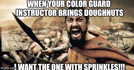 Sparta Leonidas | WHEN YOUR COLOR GUARD INSTRUCTOR BRINGS DOUGHNUTS I WANT THE ONE WITH SPRINKLES!!! | image tagged in memes,sparta leonidas | made w/ Imgflip meme maker