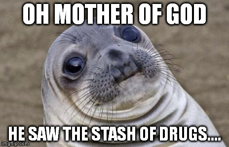 Awkward Moment Sealion Meme | OH MOTHER OF GOD HE SAW THE STASH OF DRUGS.... | image tagged in memes,awkward moment sealion | made w/ Imgflip meme maker