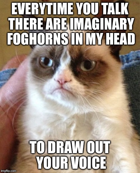 Grumpy Cat | EVERYTIME YOU TALK THERE ARE IMAGINARY FOGHORNS IN MY HEAD TO DRAW OUT YOUR VOICE | image tagged in memes,grumpy cat | made w/ Imgflip meme maker