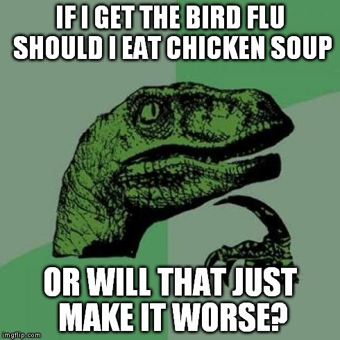 Chicken noodle soup is good for flu, but chickens are birds, so... | IF I GET THE BIRD FLU SHOULD I EAT CHICKEN SOUP OR WILL THAT JUST MAKE IT WORSE? | image tagged in memes,philosoraptor,chicken noodle soup,flu | made w/ Imgflip meme maker