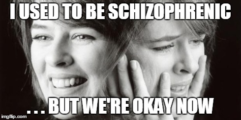 I USED TO BE SCHIZOPHRENIC . . . BUT WE'RE OKAY NOW | image tagged in schizo,funny,meme,crazy,girl,psycho | made w/ Imgflip meme maker