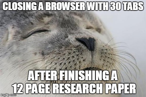 Satisfied Seal Meme | CLOSING A BROWSER WITH 30 TABS AFTER FINISHING A 12 PAGE RESEARCH PAPER | image tagged in memes,satisfied seal,AdviceAnimals | made w/ Imgflip meme maker