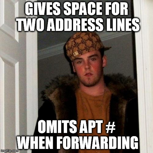 Scumbag Steve | GIVES SPACE FOR TWO ADDRESS LINES OMITS APT # WHEN FORWARDING | image tagged in memes,scumbag steve | made w/ Imgflip meme maker