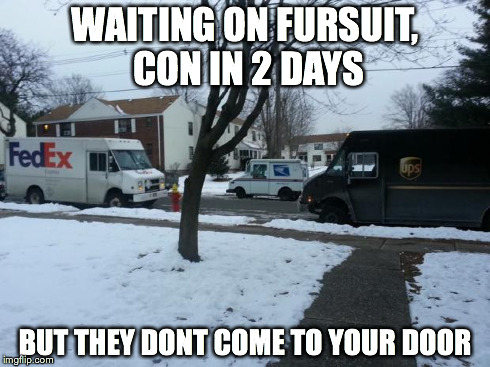 WAITING ON FURSUIT, CON IN 2 DAYS BUT THEY DONT COME TO YOUR DOOR | image tagged in fursuit delivery | made w/ Imgflip meme maker