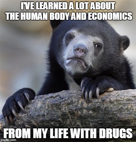 Confession Bear | I'VE LEARNED A LOT ABOUT THE HUMAN BODY AND ECONOMICS FROM MY LIFE WITH DRUGS | image tagged in memes,confession bear,AdviceAnimals | made w/ Imgflip meme maker
