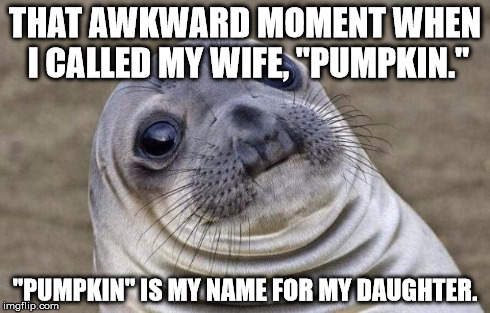 Awkward Moment Sealion | THAT AWKWARD MOMENT WHEN I CALLED MY WIFE, "PUMPKIN." "PUMPKIN" IS MY NAME FOR MY DAUGHTER. | image tagged in memes,awkward moment sealion | made w/ Imgflip meme maker