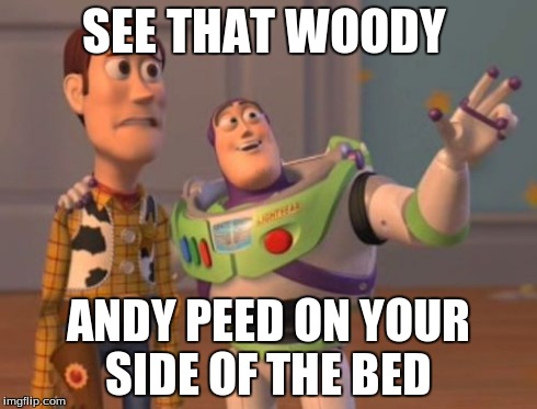 X, X Everywhere | SEE THAT WOODY ANDY PEED ON YOUR SIDE OF THE BED | image tagged in memes,x x everywhere | made w/ Imgflip meme maker