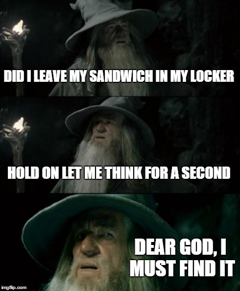 Confused Gandalf Meme | DID I LEAVE MY SANDWICH IN MY LOCKER HOLD ON LET ME THINK FOR A SECOND DEAR GOD, I MUST FIND IT | image tagged in memes,confused gandalf | made w/ Imgflip meme maker